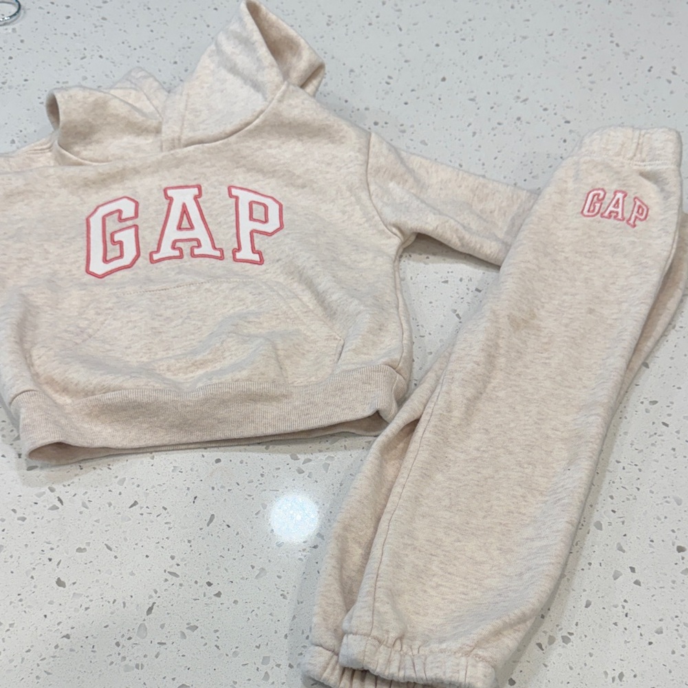 GAP Kids Cream Sweatshirt & Joggers with Pink Logo